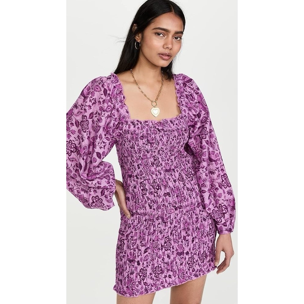 Free People Smock It To Me Mini Dress Purple Floral‎ Puff Sleeve Size Small
